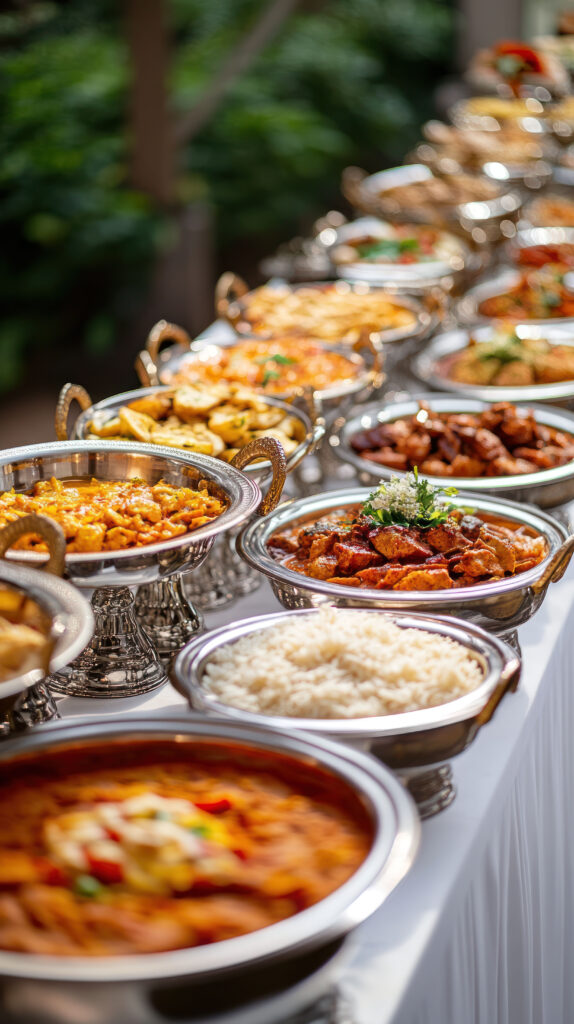 Abundant buffet table with various delicious dishes in silver chafing dishes. All Seasons Restaurant Kota